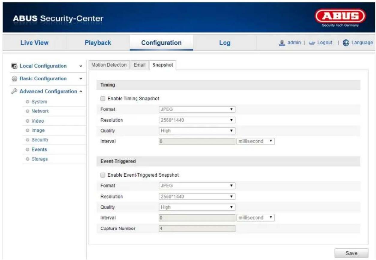 ABUS Security-Center Security Tech Germany Live View Playback Configuration Log admin | Logout | Language Local Configuration Motion Detection Email Snapshot Basic Configuration Advanced Configuration System Network Video Image Security Events Storage Timing Enable Timing Snapshot Format JPEG Resolution 2560*1440 Quality High Interval 0 millisecond Event-Triggered Enable Event-Triggered Snapshot Format JPEG Resolution 2560*1440 Quality High Interval 0 millisecond Capture Number 4 Save