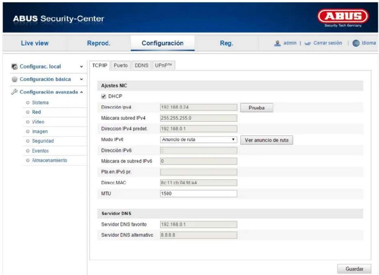 ABUS Security-Center Reg. admin | Cerrar sesión | Idioma Live view Reprod. Configuración Configurac. local TCP/IP Puerto DDNS UPnPtu Configuración básica Configuración avanzada Sistema Red Video Imagen Seguridad Eventos Almacenamiento Ajustes NIC DHCP Dirección ipv4 192.168.0.24 Prueba Máscara subred IPv4 255.255.255.0 Dirección IPv4 predet 192.168.0.1 Modo IPv6 Anuncio de ruta Ver anuncio de ruta Dirección IPv6 ... Máscara de subred IPv6 0 Pta.en.IPv6 pr. Diracc MAC 8c:11:cb:04:fd:a4 MTU 1500 Servidor DNS Servidor DNS favorito 192.168.0.1 Servidor DNS alternativo 8.8.8.8 Guardar