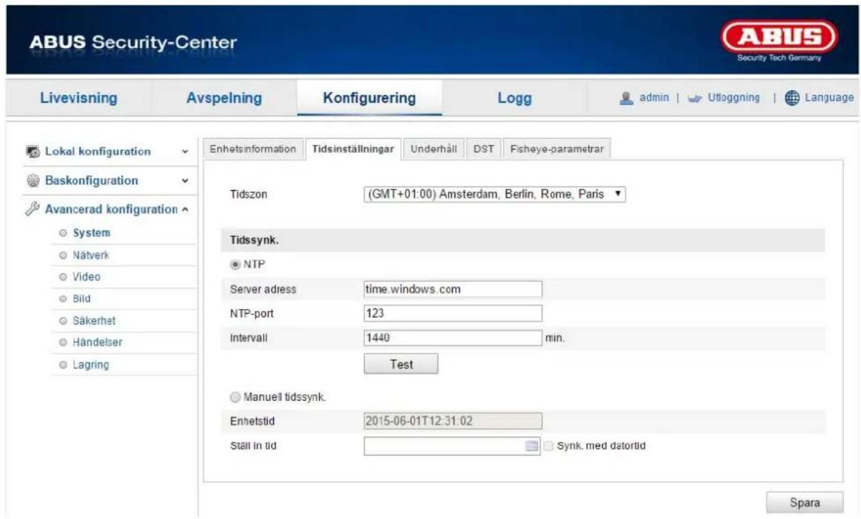 ABUS Security-Center Livevisning Avspelning Konfigurering Logg admin | Ufloggning | Language Lokal konfiguration Baskonfiguration Avancerad konfiguration System Nätverk Video Bild Säkerhet Händelser Lagring Enhetsinformation Tidsinställningar Underhåll DST Fisheye-parametrar Tidszon (GMT+01:00) Amsterdam, Berlin, Rome, Paris Tidssynk. NTP Server adress Gridwindows.com NTP-port 123 Intervall 1440 min. Test Manuell tidssynk. Enhetstid 2015-06-01T12:31:02 Ställ in tid Synk. med datortid Spara