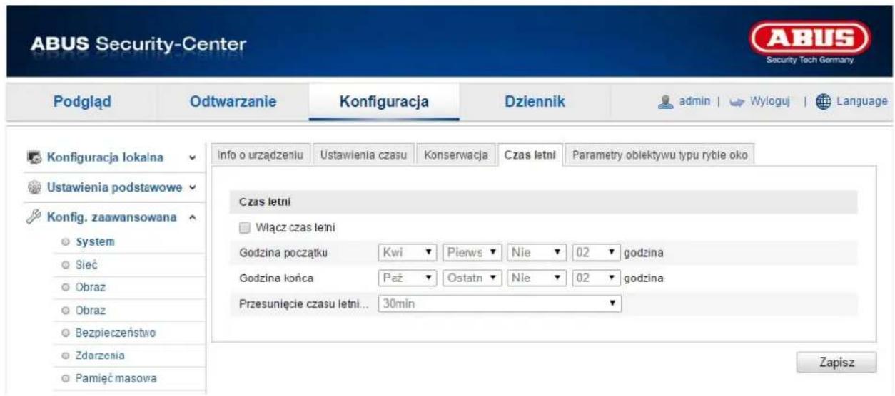 ABUS Security-Center Podgląd Odtwarzanie Konfiguracja Dziennik admin | Wyloguj | Language Konfiguracja lokalna Ustawienia podstawowe Konfig. zaawansowana System Sieć Obraz Obraz Bezpieczeństwo Zdarzenia Pamięć masowa info o urządzeniu Ustawienia czasu Konserwacja Czas letni Parametry obiektywu typu rybie oko Czas letni Włącz czas letni Godzina początku Kwi ▼ Pierws ▼ Nie ▼ 02 ▼ godzina Godzina końca Paż ▼ Ostatn ▼ Nie ▼ 02 ▼ godzina Przesunięcie czasu letni... 30min ▼ Zapisz