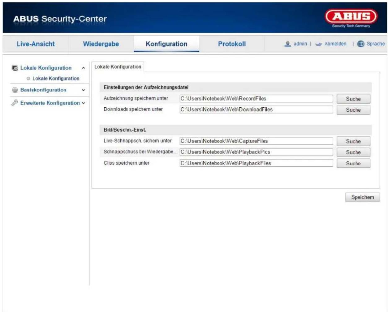 ABUS Security-Center Live-Ansicht Wiedergabe Konfiguration Protokoll admin | Abmelden | Sprache Lokale Konfiguration Lokale Konfiguration Basiskonfiguration Erweiterte Konfiguration Lokale Konfiguration Einstellungen der Aufzeichnungsdatel Aufzeichnung speichern unter C:\Users\Notebook\Web\RecordFiles Suche Downloads speichern unter C:\Users\Notebook\Web\DownloadFiles Suche Bild/Beschn.-Einst. Live-Schnappsch. sichem unter C:\Users\Notebook\Web\CaptureFiles Suche Schnappschuss bei Wiedergabe... C:\Users\Notebook\Web\PlaybackPics Suche Clips speichern unter C:\Users\Notebook\Web\PlaybackFiles Suche Speichem