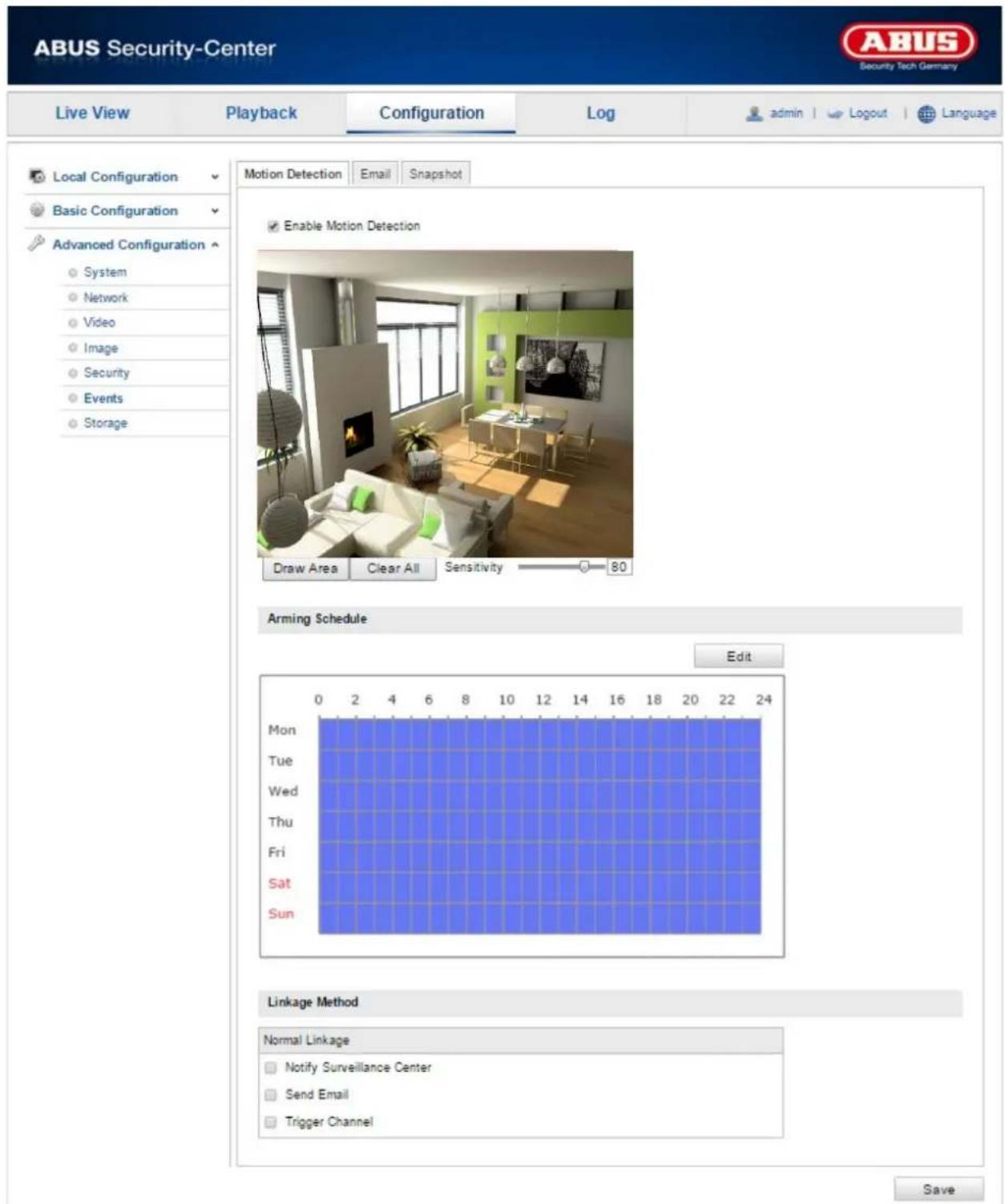 ABUS Security-Center Live View Playback Configuration\Log admin | Logout | Language Local Configuration Enable Motion Detection Basic Configuration Advanced Configuration System Network Video Image Security Events Storage Motion Detection Email Snapshot Draw Area Clear All Sensitivity 80 Arming Schedule Edit Mon Tue Wed Thu Fri Sat Sun Linkage Method Normal Linkage Notify Surveillance Center Send Email Trigger Channel Save