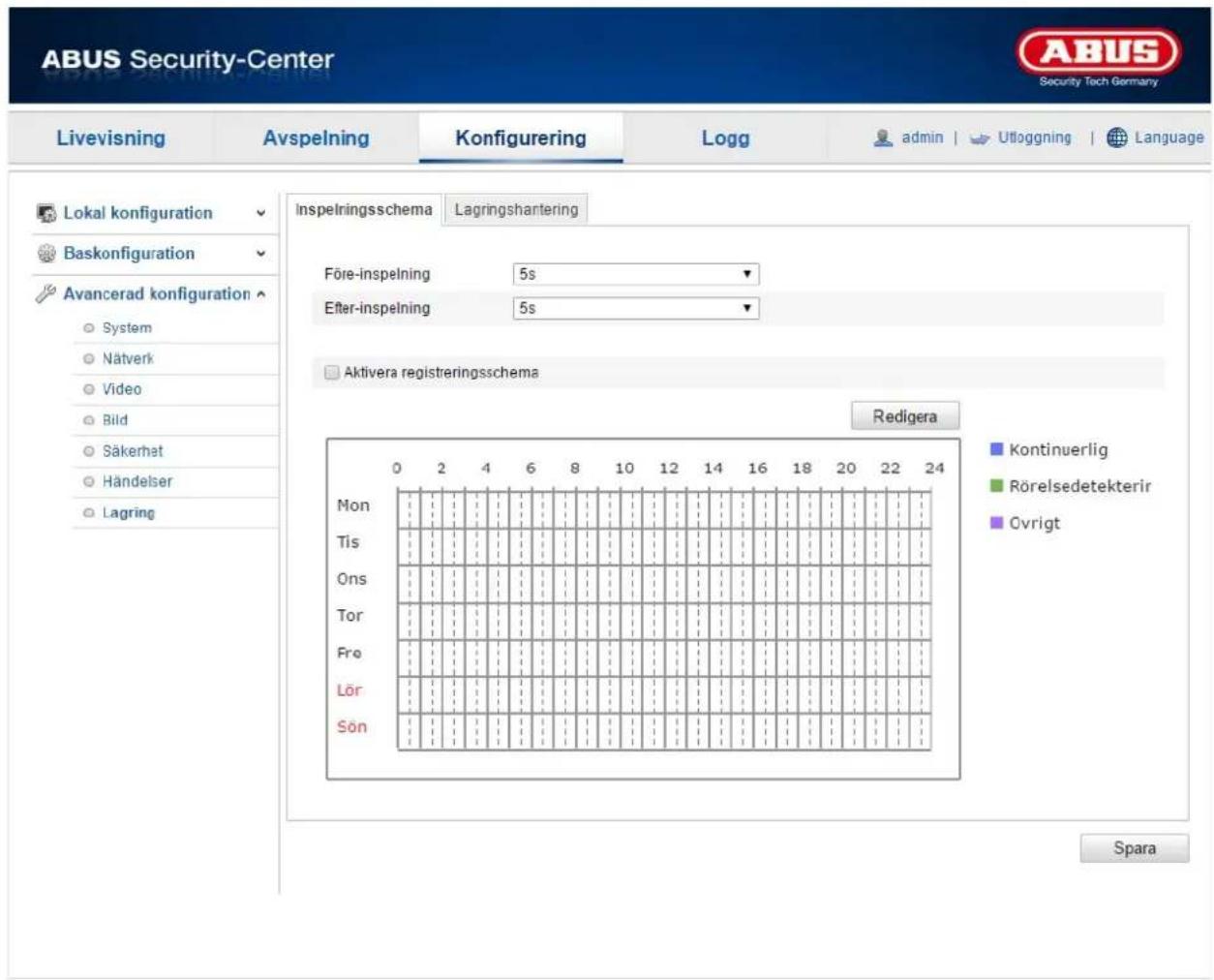 ABUS Security-Center Livevisning Avspelning Konfigurering Logg admin | Ufloggning | Language Lokal konfiguration Baskonfiguration Avancerad konfiguration System Nätverk Video Bild Säkerhet Händelser Lagring Inspeilingsschema Lagringshantering Före-inspelning 5s Efter-inspelning 5s Aktivera registreringsschema Redigera Mon Tis Ons Tor Fre Lör Sön Kontinuerlig Rörelsedetekterir Ovrigt Spara