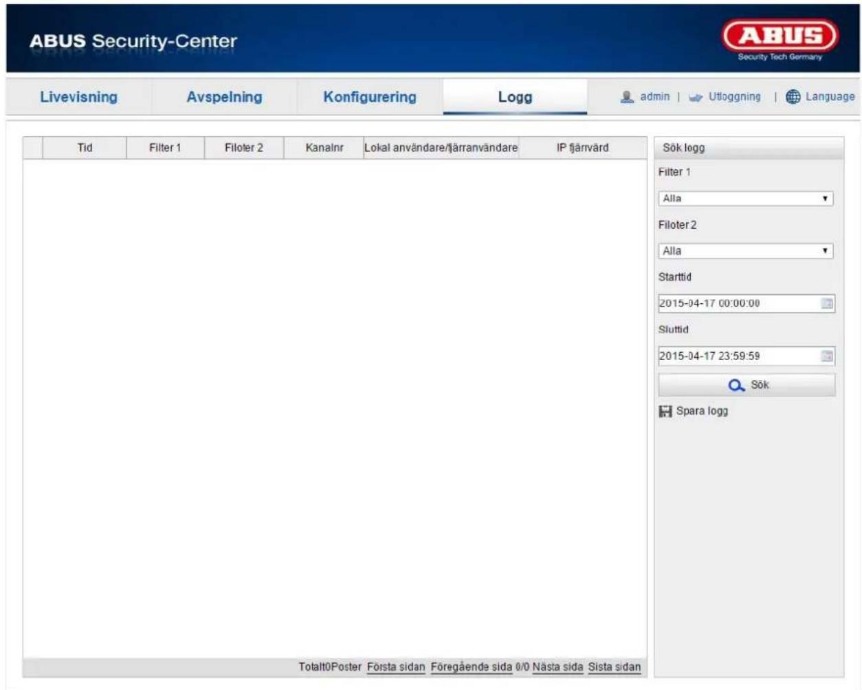 ABUS Security-Center Security Tech Germany Livevisning Avspelning Konfigurering\Logg admin | Utloggning | Language Tid Filter 1 Filoter 2 Kanalnr Lokal användare/fjärranvändare IP fjärvärd Sök logg Filter 1 Alta Filoter 2 Alla Starttid 2015-04-17 00:00:00 Sluttid 2015-04-17 23:59:59 Sök Spara logg Totalt0Poster Fõrsta sidan Föregående sida 0/0 Nästa sida Sista sidan