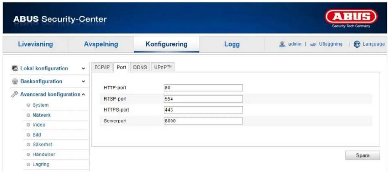 ABUS Security-Center Livevisning Avspelning Konfigurering Logg adults | Ufloggning | Language Lokal konfiguration TCP/IP Port DDNS UPnP™ Baskonfiguration Avancerad konfiguration (HTTP-port 80 System RTSP-port 554 Nätverk HTTPS-port 443 Video Serverport 8000 Bild Säkerhet Händelser Lagring Spara