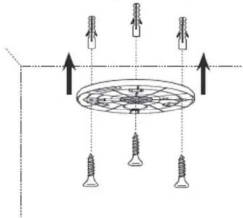 Diagram showing a circular object with three screws and two upward arrows, possibly indicating force or direction of movement.