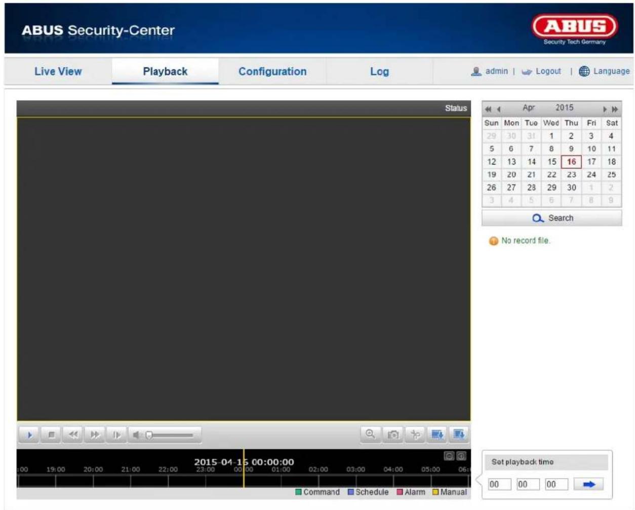 ABUS Security-Center Security Tech Germany Live View Playback Configuration Log-admin | Logout | Language Status Apr 2015 Sun Mon Tue Wed Thu Fri Sat 29 30 31 1 2 3 4 5 6 7 8 9 10 11 12 13 14 15 16 17 18 19 20 21 22 23 24 25 26 27 28 29 30 1 2 3 4 5 6 7 8 9 Search No record file. 2015-04-15 00:00:00 Command Schedule Alarm Manual Set playback time 00 00 00