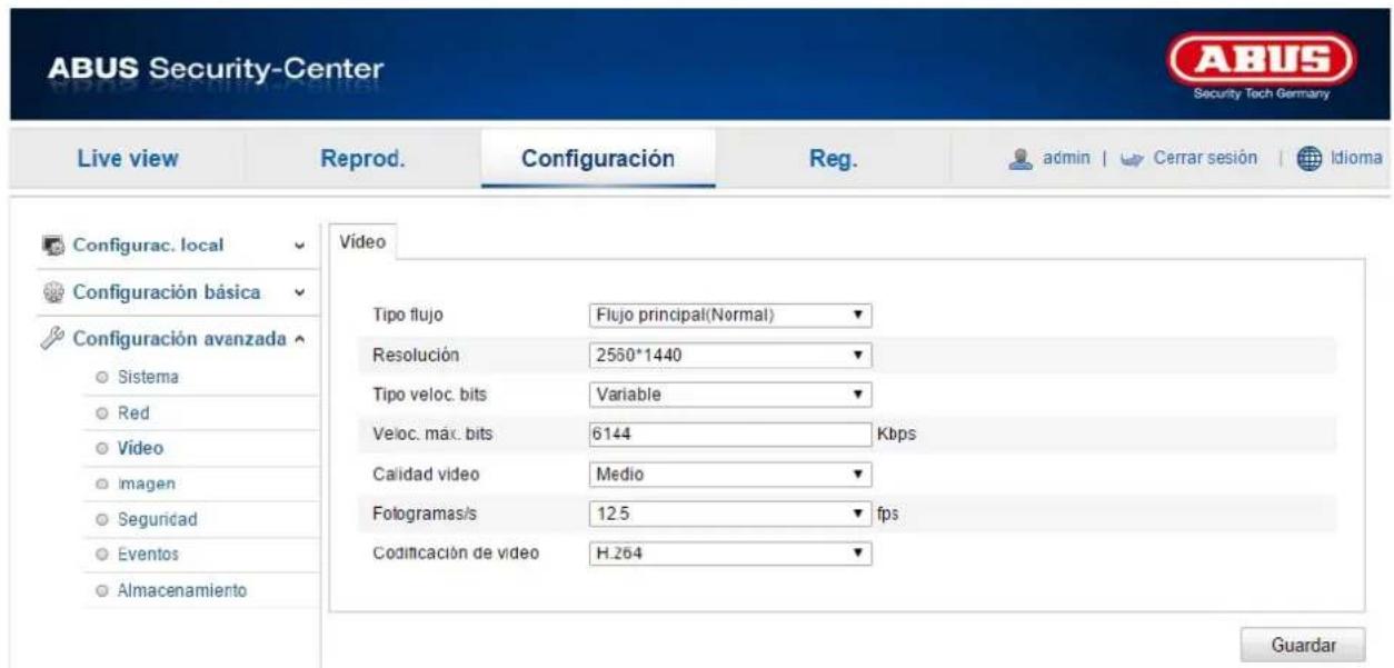 ABUS Security-Center Live view Reprod. Configuración Reg. admin | Cerrar sesión | Idioma Configurac. local Configuración básica Configuración avanzada Sistema Red Video Imagen Seguridad Eventos Almacenamiento Video Tipo flujo Flujo principal(Normal) Resolución 2560*1440 Tipo veloc. bits Variable Veloc. máx. bits 6144 Kbps Calidad video Medio Fotogramas/s 125 fps Codificación de video H.264 Guardar
