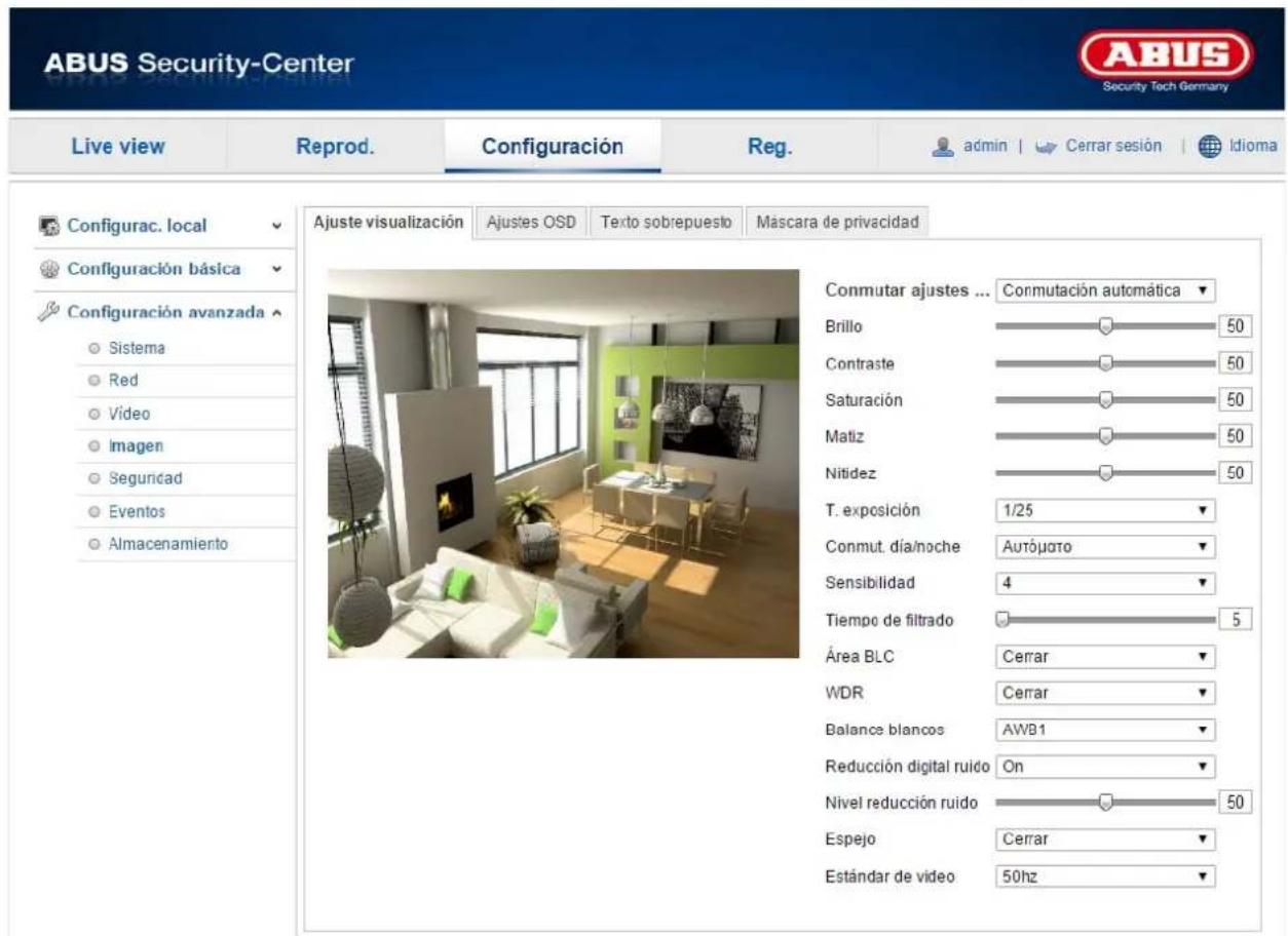 ABUS Security-Center Live view Reprod. Configuración Reg. admin | Cerrar sesión | Idioma Configurac. local Configuración básica Configuración avanzada Sistema Red Video Imagen Seguridad Eventos Almacenamiento Ajuste visualización Ajustes OSD Texto sobrepuesto Máscara de privacidad Conmutar ajustes ... Commutación automática Brillo 50 Contraste 50 Saturación 50 Matiz 50 Nitidez 50 T. exposición 1/25 Commut. día/noche Autójato Sensibilidad 4 Tiempo de filtrado 5 Área BLC Cerrar WDR Cerrar Balance blancos AWB1 Reducción digital ruido On Nivel reducción ruido 50 Espejo Cerrar Estándar de video 50hz