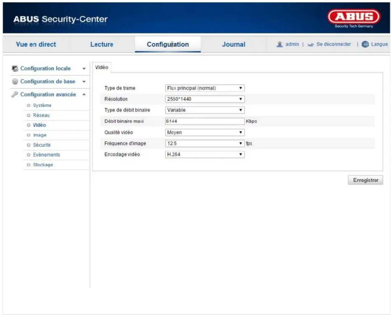 ABUS Security-Center Security Tech Germany Vue en direct Lecture Configuration Journal admin Se déconnecter Langue Configuration locale Configuration de base Configuration avancée Système Réseau Vidéo Image Sécurité Evénements Stockage Vidéo Type de trame Flux principal (normal) Résolution 2550*1440 Type de débit binaire Variable Débit binaire maxi 6144 Kbps Qualité vidéo Moyen Fréquence d'image 12.5 fps Encodage vidéo H.264 Enregistrer