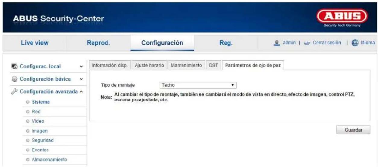 ABUS Security-Center Live view Reprod. Configuración Reg. admin | Cerrar sesión | Idioma Configurac. local Configuración básica Configuración avanzada Sistema Red Video Imagen Seguridad Eventos Almacenamiento Información disp. Ajuste horario Mantenimiento DST Parámetros de ojo de pez Tipo de montaje Teko Nota: Al cambiar el tipo de montaje, también se cambiará el modo de vista en directo, efecto de imagen, control PTZ, escena preajustada, etc. Guardar