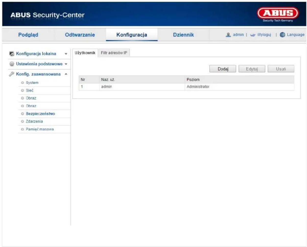 ABUS Security-Center OBAS Security Center Podgląd Odtwarzanie Konfiguracja Dziennik admin | Wyloguj | Language Konfiguracja lokalna Użtykownik Filtr adresów IP Ustawienia podstawowe Konfig. zaawansowana System Sleć Obraz Obraz Bezpieczeństwo Zdarzenia Pamięć masowa Dodaj Edytuj Usuń Nr Naz. uż. Poziom 1 admin Administrator