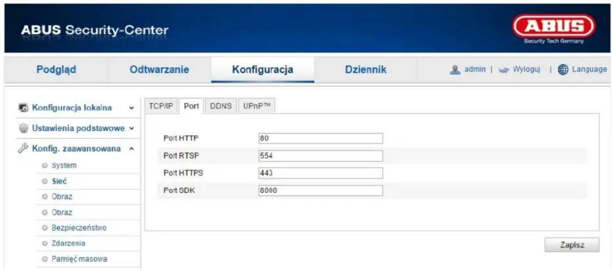ABUS Security-Center Podgląd Odtwarzanie Konfiguracja Dziennik admin | Wyloguj | Language Konfiguracja lokalna TCP/IP Port DDNS UPnP™ Ustawienia podstawowe Konfig. zaawansowana System Sieć Obraz Obraz Bezpieczeństwo Zdarzenia Pamięć masowa Port HTTP 80 Port RTSP 554 Port HTTPS 443 Port SDK 8000 Zaplsz