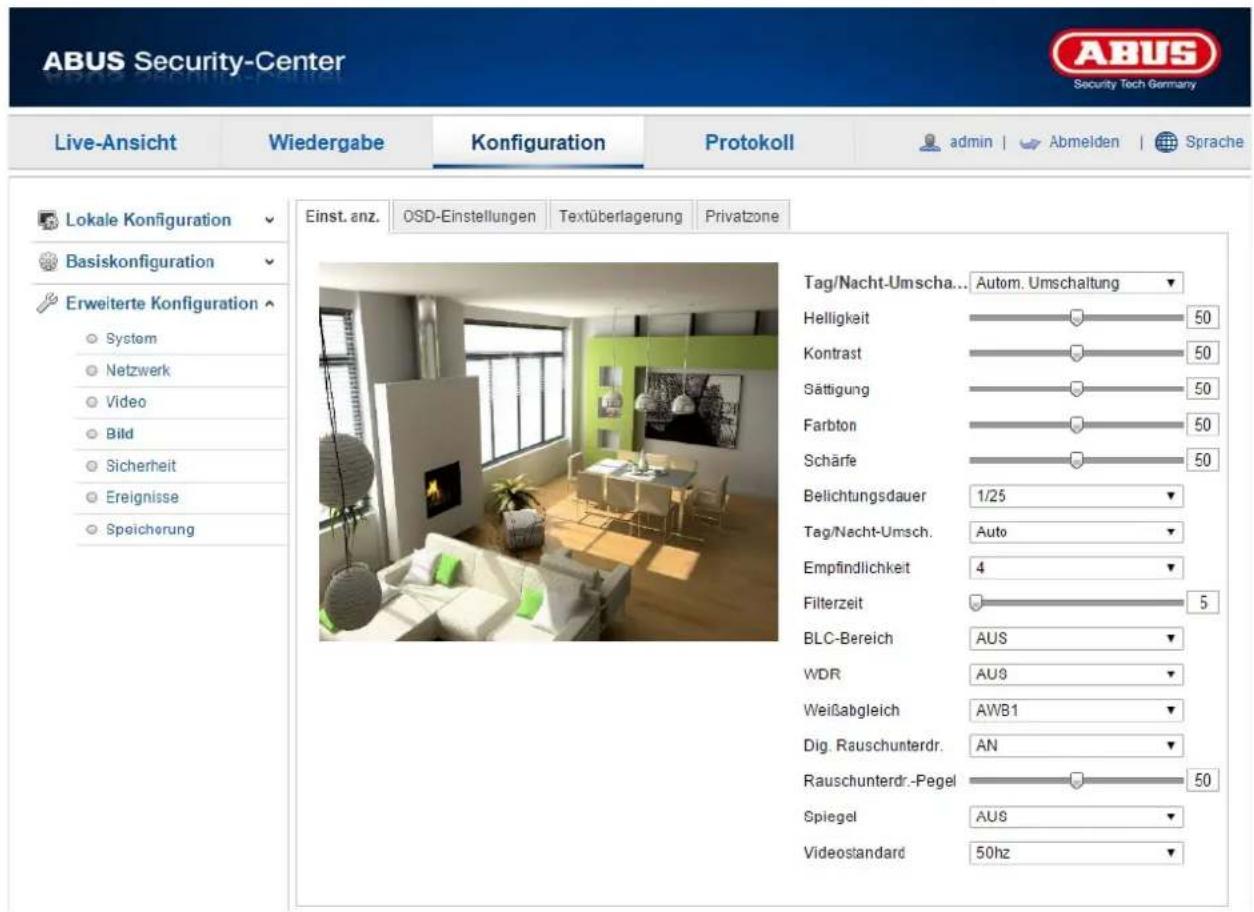 ABUS Security-Center Live-Ansicht Wiedergabe Konfiguration Protokoll admin | Abmeiden | Sprache Lokale Konfiguration Basiskonfiguration Erweiterte Konfiguration System Netzwerk Video Bild Sicherheit Ereignisse Speicherung Einst. anz. OSD-Einstellungen Textüberlagerung Privatzone Tag/Nacht-Umscha... Autom. Umschaltung Helligkeit 50 Kontrast 50 Sättigung 50 Farbton 50 Schärfe 50 Belichtungsdauer 1/25 Tag/Nacht-Umsch. Auto Empfindlichkeit 4 Filterzeit 5 BLC-Bereich AUS WDR AU8 Weißabgleich AWB1 Dig. Rauschunterdr. AN Rauschunterdr.-Pegel 50 Spiegel AU8 Videostandard 50hz