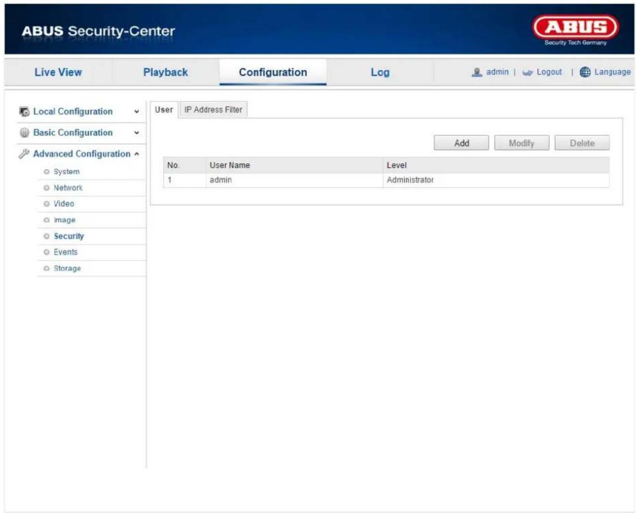 ABUS Security-Center Security Tech Germany Live View Playback Configuration\Log-admin | Logout | Language Local Configuration User IP Address Filter Basic Configuration Advanced Configuration Add Modify Delete Systemlf Network Video Image Security Events Storage No. User Name Level 1 admin Administrator