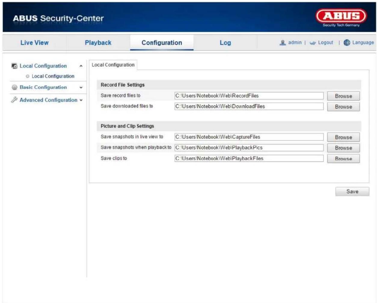 ABUS Security-Center Security Tech Germany Live View Playback Configuration Log admin | Logout | Language Local Configuration Local Configuration Local Configuration Record File Settings Save record files to C:\Users\Notebook\Web\RecordFiles Browse Save downloaded files to C:\Users\Notebook\Web\DownloadFiles Browse Picture and Clip Settings Save snapshots in live view to C:\Users\Notebook\Web\CaptureFiles Browse Save snapshots when playback to C:\Users\Notebook\Web\PlaybackPics Browse Save clips to C:\Users\Notebook\Web\PlaybackFiles Browse Save