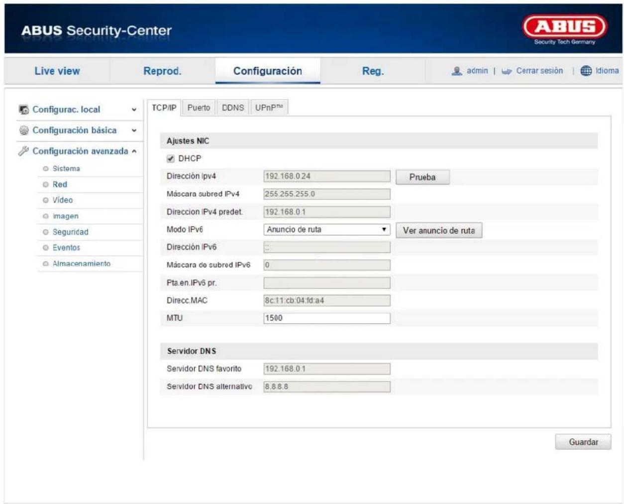 ABUS Security-Center Live view Reprod. Configuración Reg. admin | Cerrar sesión | Idioma Configurac. local Configuración básica Configuración avanzada Sistema Red Vídeo Imagen Seguridad Eventos Almacenamiento TCP/IP Puerto DDNS UPnP™ Ajustes NIC DHCP Dirección ipv4 192.168.0.24 Prueba Máscara subred IPv4 255.255.255.0 Dirección IPv4 predet. 192.168.0.1 Modo IPv6 Anuncio de ruta Ver anuncio de ruta Dirección IPv6 ... Máscara de subred IPv6 0 Pta.en.IPv6 pr. Direcc.MAC 8c:11:cb:04:fd:a4 MTU 1500 Servidor DNS Servidor DNS favorito 192.168.0.1 Servidor DNS alternativo 8.8.8.8 Guardar