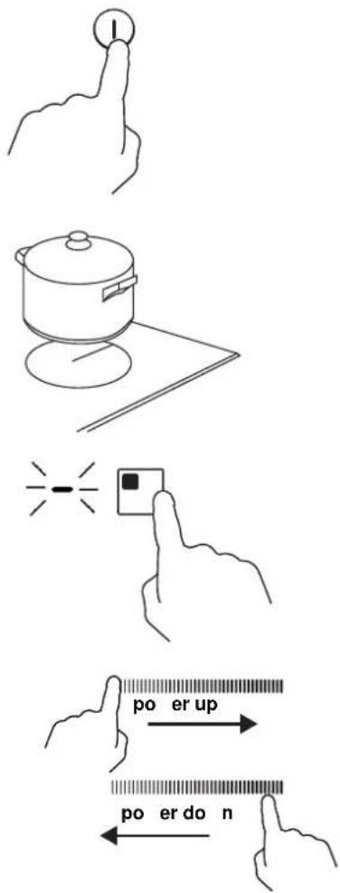 Illustration showing a cooking step with finger, pot, and digital timer, accompanied by instruction to press up or down a word.