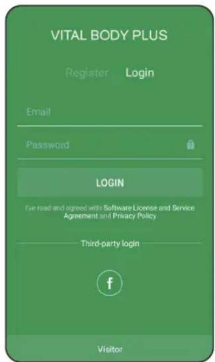 VITAL BODY PLUS Register Login Email Password LOGIN I've read and agreed with Software License and Service Agreement and Privacy Policy Third-party login f Visitor