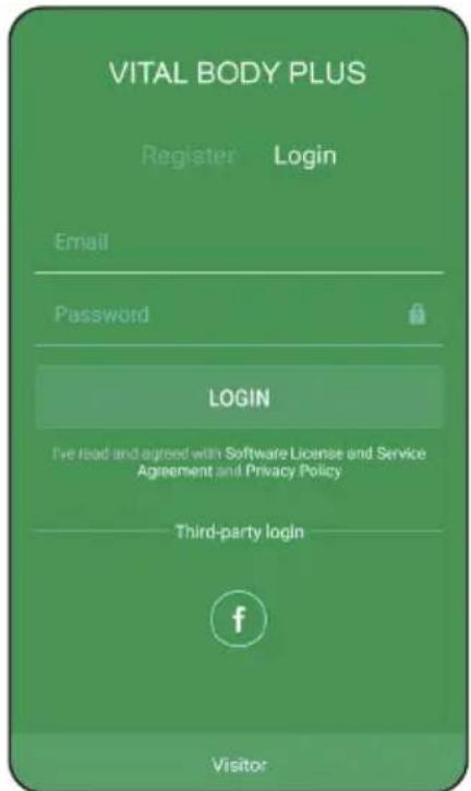 VITAL BODY PLUS Register Login Email Password LOGIN I've read and agreed with Software License and Service Agreement and Privacy Policy Third-party login f Visitor