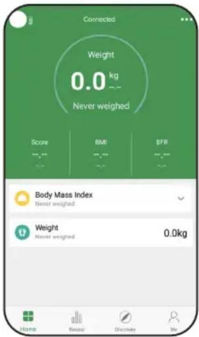 Connected Weight 0.0 kg Never weighed Score BMI BFR Body Mass Index Never weighed Weight Never weighed 0.0kg Home Retail Disclosure Me
