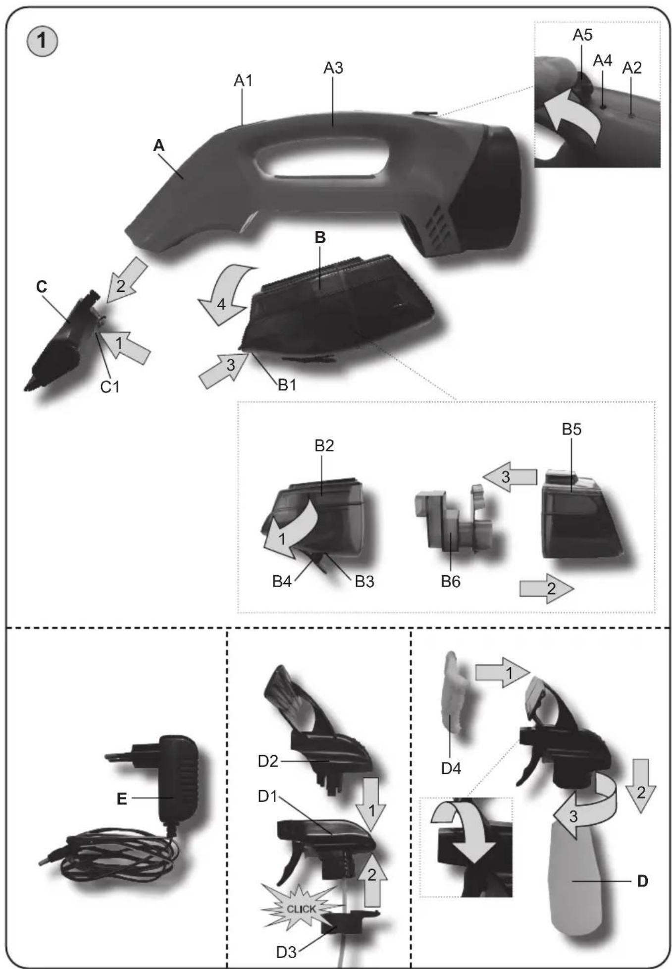 ① A1 A3 A B C 2 4 3 B1 A5 A4 A2 B2 B5 1 B4 B3 B6 2 E D2 D1 2 CLICK D3 D4 3 D
