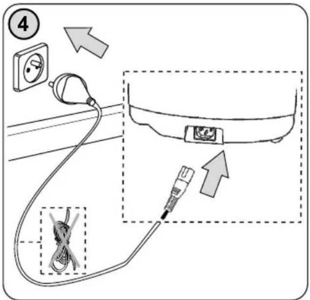 Diagram showing cable installation with plug, socket, and connector, including a close-up of the cable being tied.