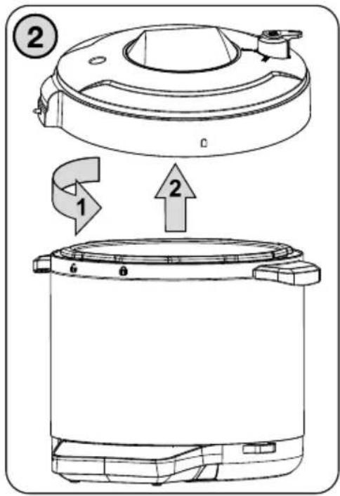 Technical diagram showing a cooking pot with labeled parts and directional arrows indicating motion or movement.
