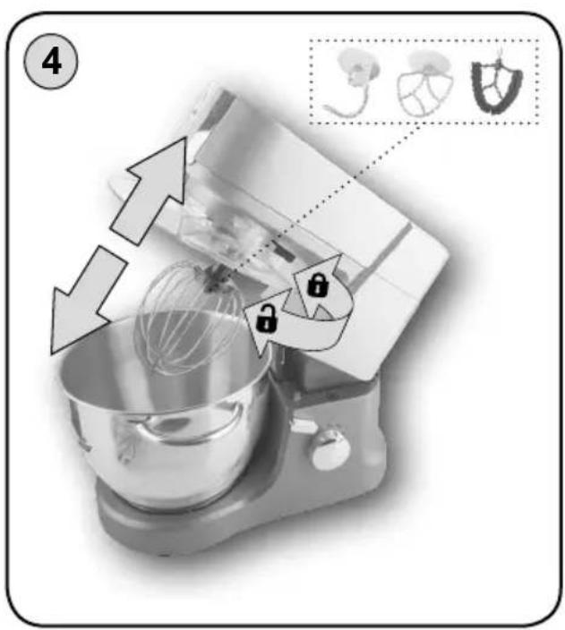 Diagram showing a kitchen mixer with directional arrows and labeled parts, including a magnified inset of the mixing bowl.