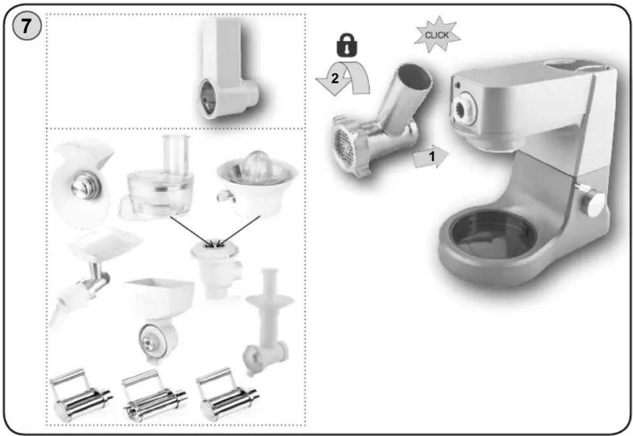 Diagram illustrating the assembly of a kitchen mixer with labeled parts and instructions for cleaning or adjusting.