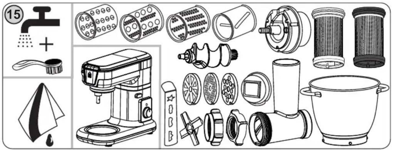 Exploded view diagram of kitchen cleaning equipment including motor, brush holder, and filter unit with numbered labels