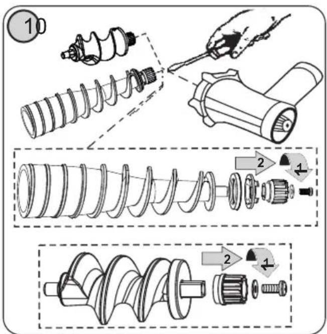 Technical diagram illustrating the assembly of a mechanical screw with numbered steps and component details.