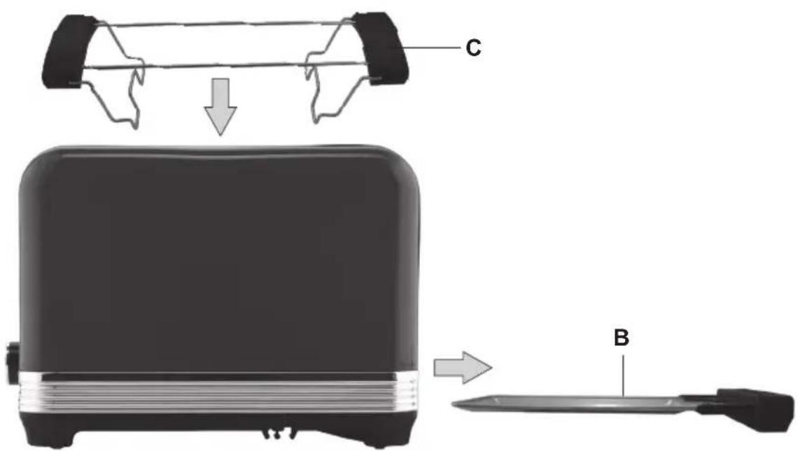 Diagram showing a toaster with labeled parts C and B, illustrating the process of cooling from a flat surface.