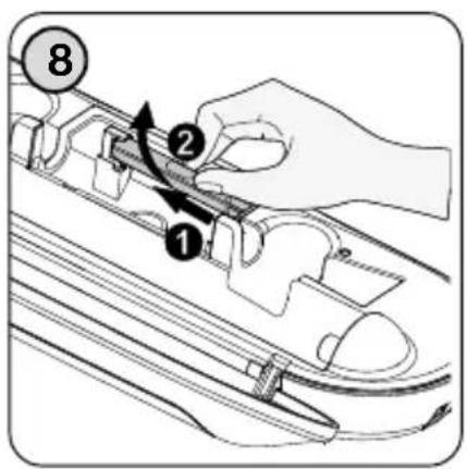 Diagram showing a hand holding a mechanical component with numbered parts and directional arrows indicating motion or assembly.