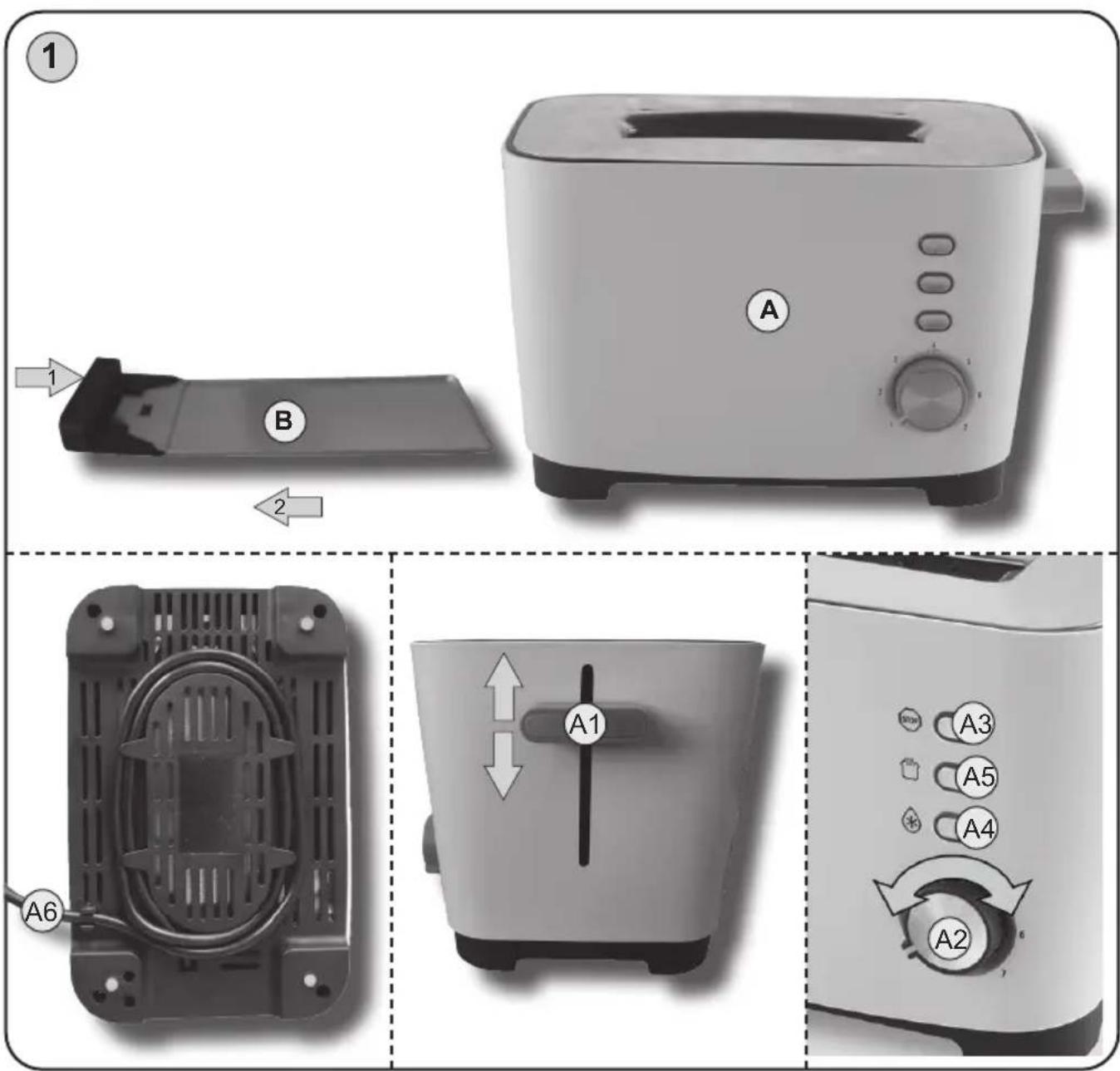 Product assembly diagram showing a toaster with labeled parts and directional arrows indicating assembly steps.
