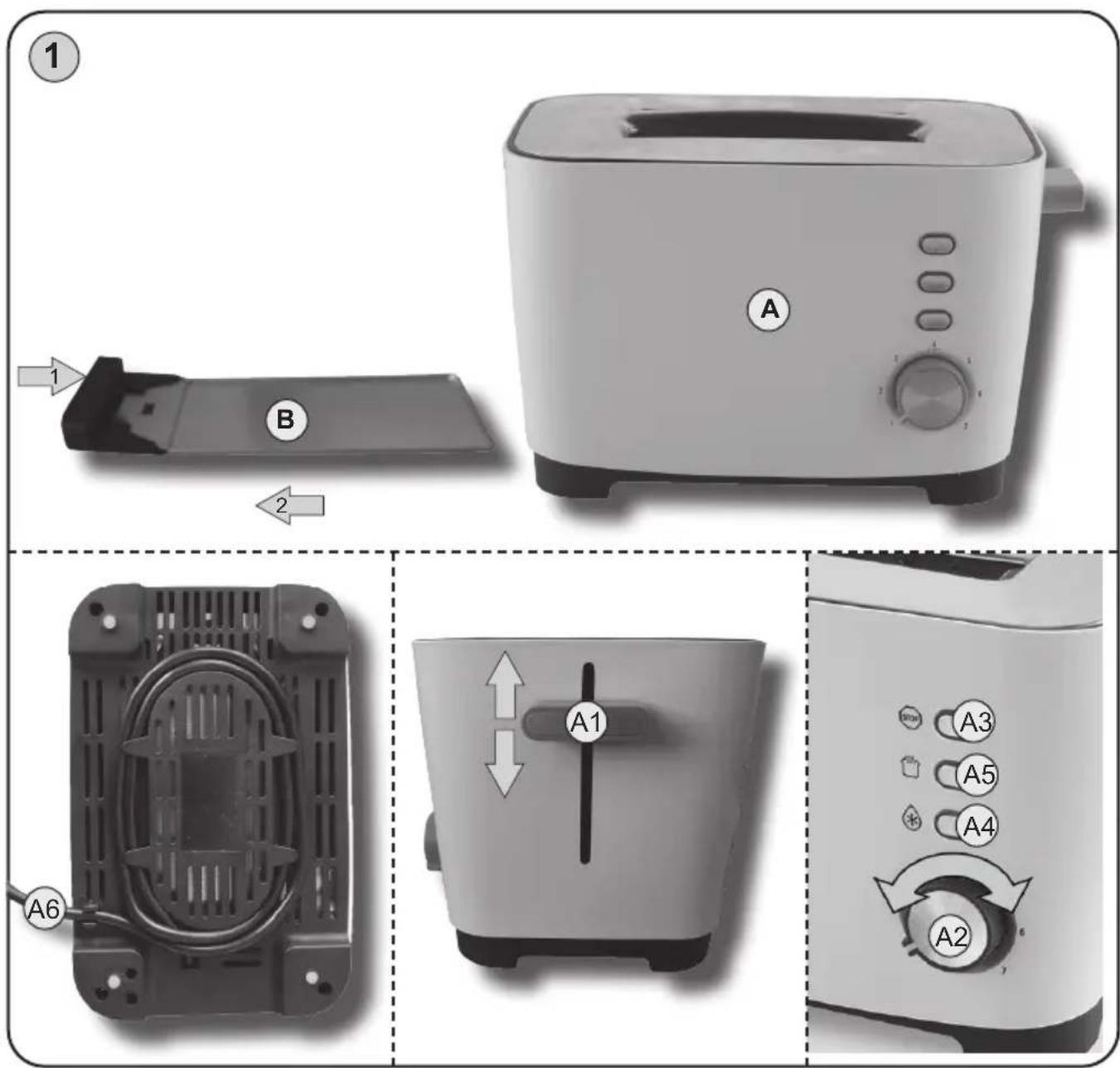 Product assembly diagram showing a toaster with labeled parts and directional arrows indicating assembly steps.