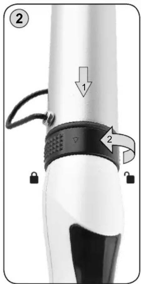 Diagram showing two labeled parts of a device with arrows indicating movement or transformation, marked with numbers 1 and 2.