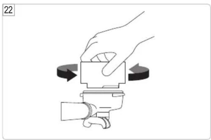 Illustration of a hand pressing a component with directional arrows indicating motion (no text or symbols)