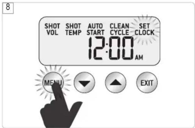 SHOT VOL SHOT TEMP AUTO START CLEAN CYCLE SET CLOCK 12:00 AM MENU EXIT