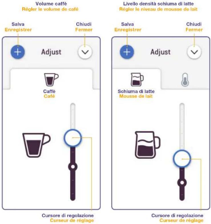 Volume caffè Régler le volume de café Salva Enregistrer Chiudi Fermer Adjust Livello densità schiuma di latte Régler le niveau de mousse de lait Salva Enregistrer Chiudi Fermer Adjust Caffè Café Schiuma di latte Mousse de lait Cursore di regolazione Curseur de réglage Cursore di regolazione Curseur de réglage