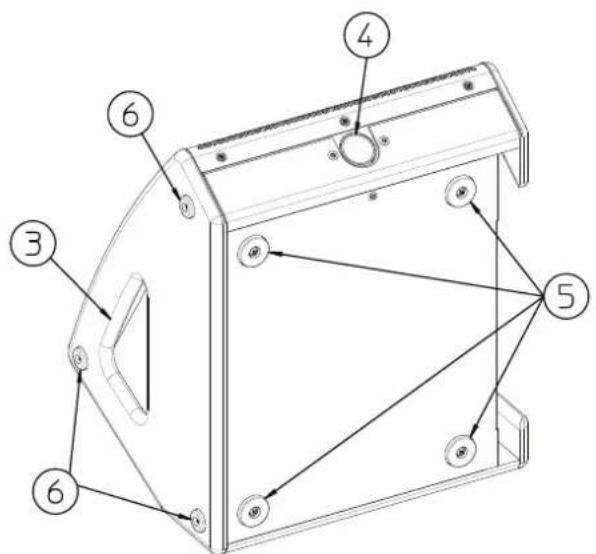 Technical diagram of a mechanical housing with numbered components and connection points
