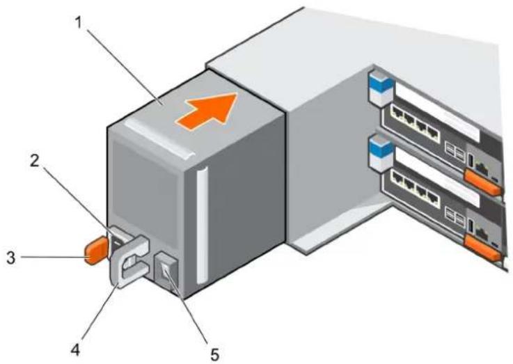 Diagram of a server rack with labeled components including ports and an orange arrow indicating direction