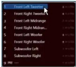 1 Front Left Tweeter 2 Front Right Tweeter 3 Front Left Midrange 4 Front Right Midran... 5 Front Left Woofer 6 Front Right Woofer 7 Subwoofer Left 8 Subwoofer Right 9 PRE ---