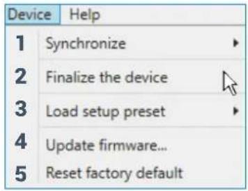 Device Help 1 Synchronize 2 Finalize the device 3Load setup preset 4 Update firmware... 5 Reset factory default