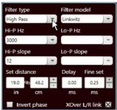 Filter type High Pass Hi-P Hz 3000 Hi-P slope 12 Set distance in 48.2 cm Invert phase Filter model Linkwitz Lo-P Hz Lo-P slope Delay Fine set 0.00 0.25 ms ms XOver L/R link