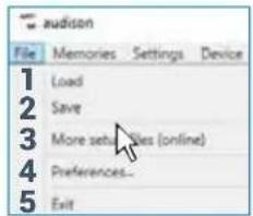 audison File Memories Settings Device 1 Load 2 Save 3 More sets Sies (online) 4 Preferences... 5 Exit