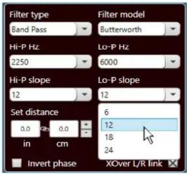 Filter type Band Pass Filter model Butterworth Hi-P Hz 2250 Lo-P Hz 6000 Hi-P slope 12 Lo-P slope 12 Set distance 0.0 0.0 in cm 6 12 18 24 Invert phase XOver L/R link
