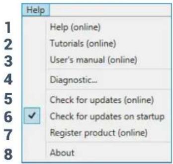 Help 1 2 3 4 5 6 7 8 Help (online) Tutorials (online) User's manual (online) Diagnostic... Check for updates (online) Check for updates on startup Register product (online) About