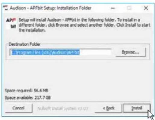 Audison - APFbit Setup: Installation Folder APF Setup will install Audison - APFbit in the following folder. To install in a different folder, click Browse and select another folder. Click Install to start the installation. Destination Folder Program Files (e.p.) Audison APFbit Browse... Space required: 56.6 MB Space available: 217.7 GB Cancel Nullsoft Install system (v3.0) < Back Install