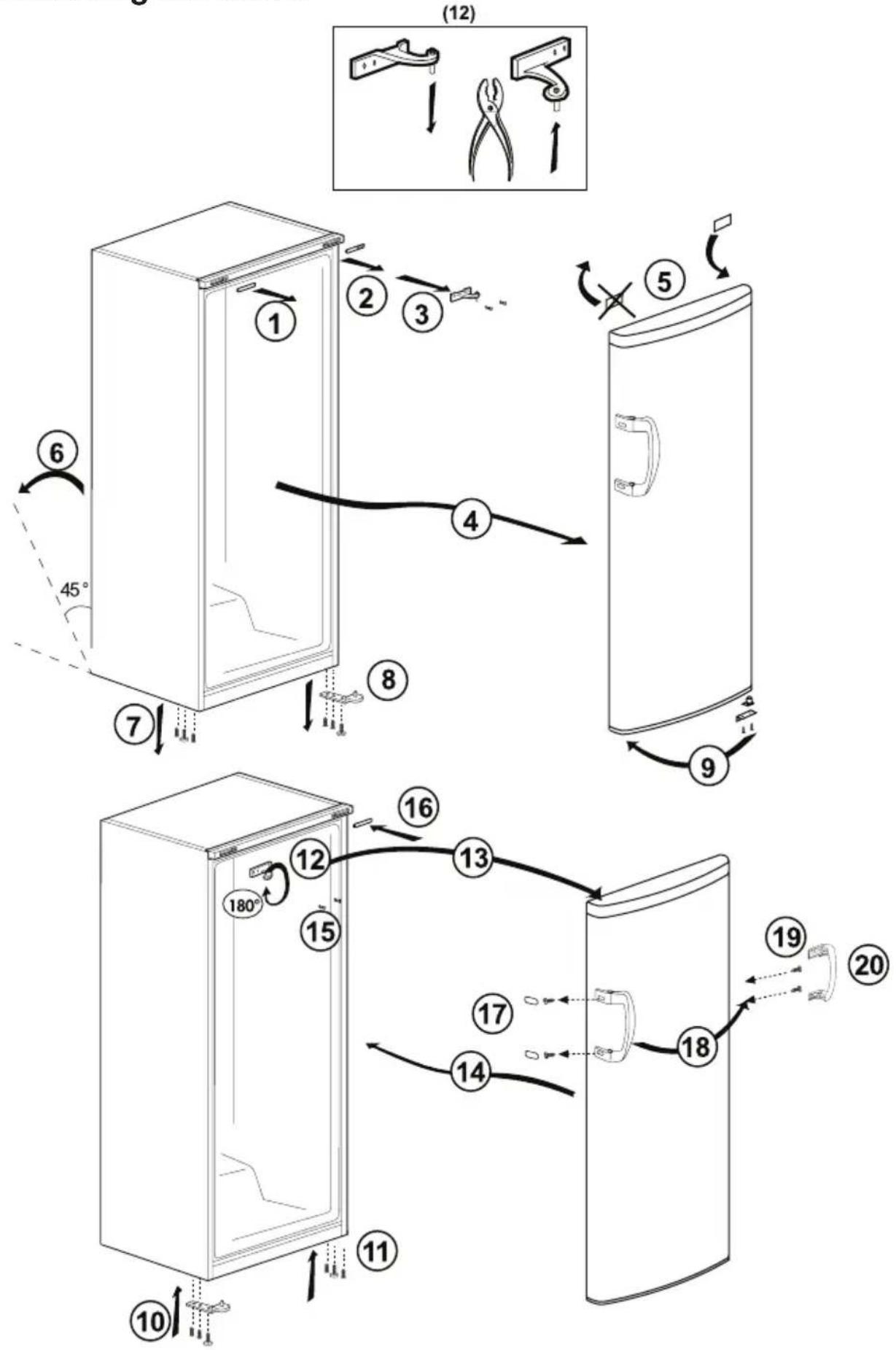 Technical diagram illustrating the step-by-step installation of a refrigerator door panel, with numbered instructions and angle annotations.
